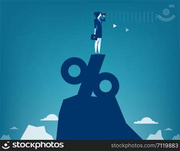 Woman looking through telescope standing on top of percentage sign. Concept business illustration