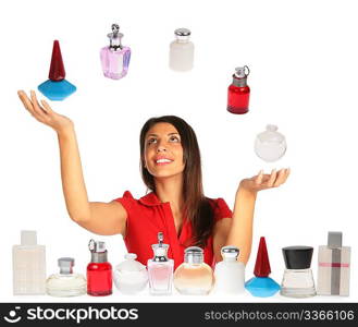 Woman looking up and juggling perfumes collage