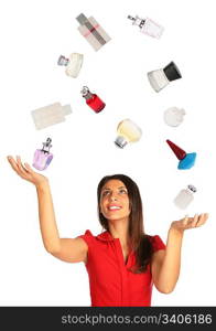 Woman looking up and juggling perfumes collage