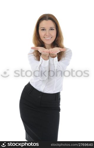 woman looks at her open palm. Isolated on white background