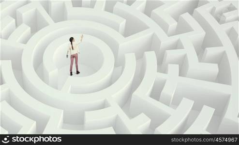 Woman lost in maze Mixed media. Young woman in center of white labyrinth trying to find way out