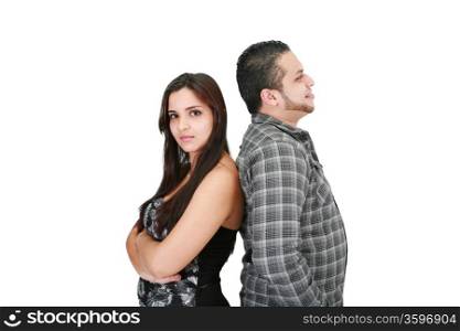 Woman mad at her husband against a white a background