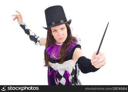 Woman magician isolated on the white