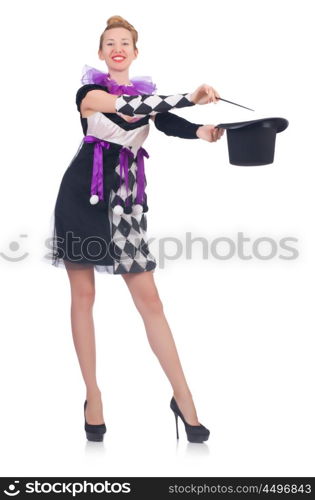 Woman magician isolated on the white