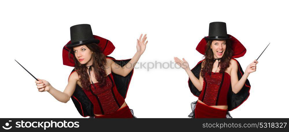 Woman magician isolated on white