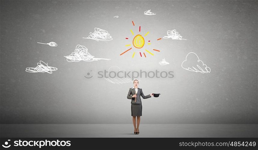 Woman magician with bowler hat. Attractive businesswoman with flute and bowler hat in hand