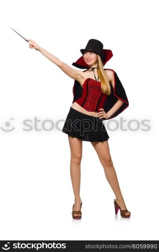 Woman magician with magic wand on white