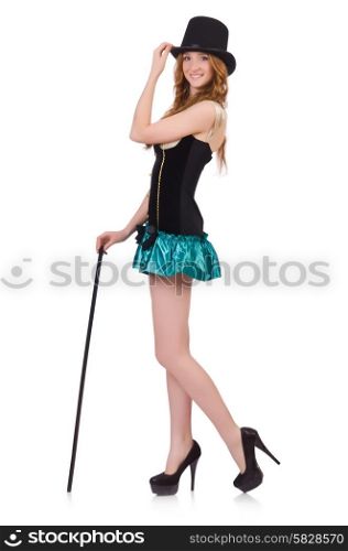 Woman magician with walking stick isolated on white