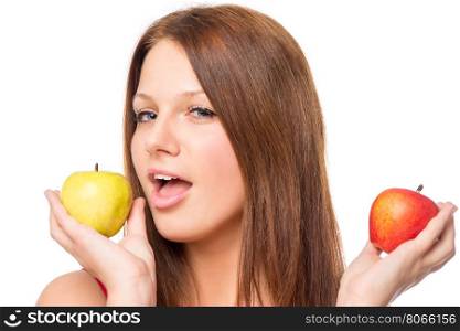 woman makes a choice between apples on a white background