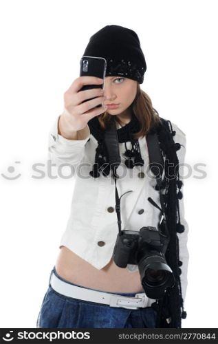 woman makes the photo on his phone. Isolated on white background