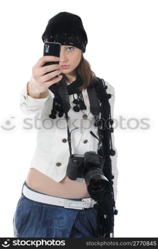 woman makes the photo on his phone. Isolated on white background