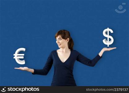 Woman making a scale with her arms and checking Euro versus Dolar