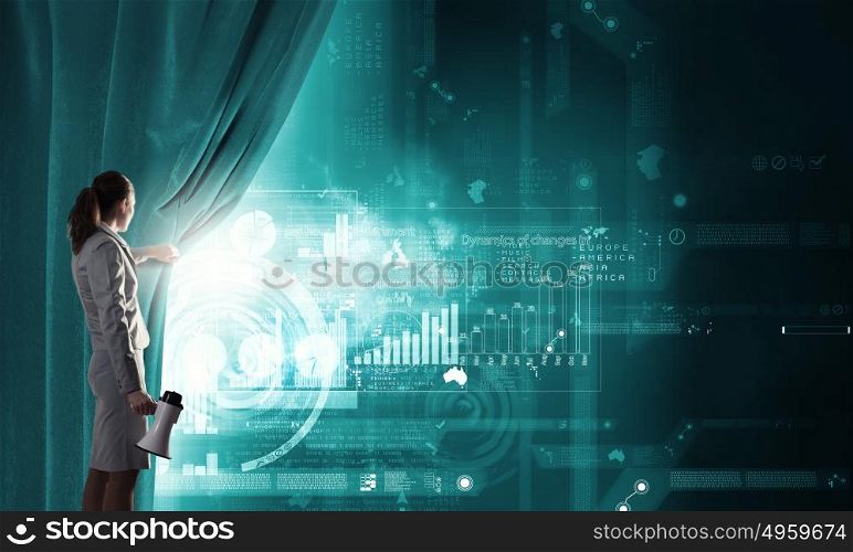 Woman making presentation. Young businesswoman opening curtain and presenting sales report