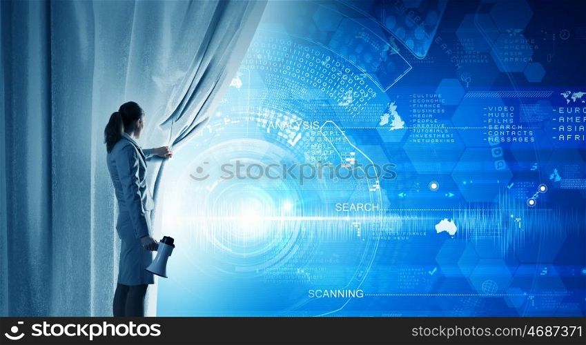 Woman making presentation. Young businesswoman opening curtain with graphs and diagrams