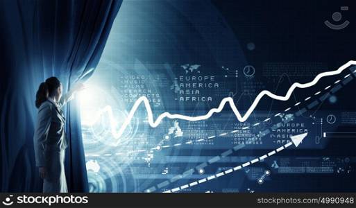 Woman making presentation. Young businesswoman opening curtain with graphs and diagrams