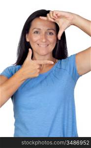 Woman making the gesture of focus the face isolated on white background
