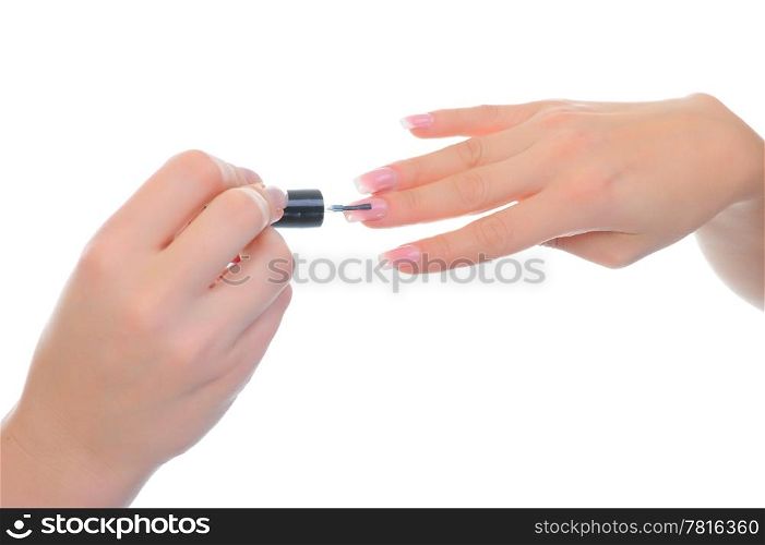 Woman manicures in the salon. isolated on white background