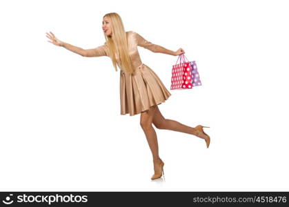 Woman many shopping bags after shopping isolated on white