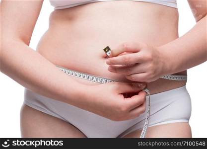 woman measuring belly centimeter concept slimming, belly closeup