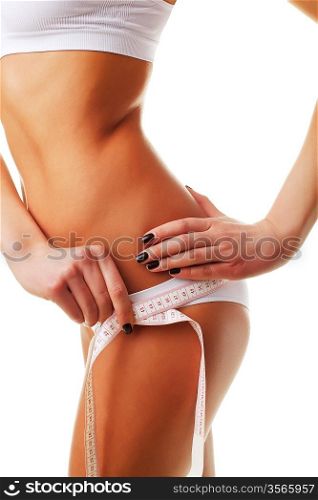 woman measuring her body on white background