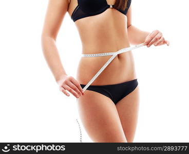 Woman measuring her torso. Isolated over white.