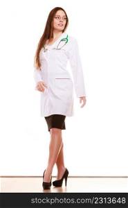 Woman medical doctor with stethoscope wearing white coat. Professional health care.