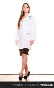 Woman medical doctor with stethoscope wearing white coat. Professional health care.