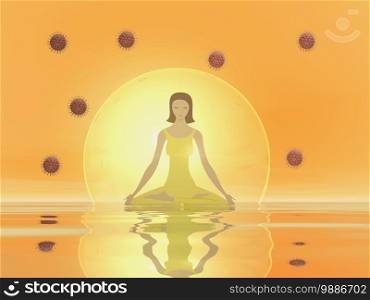 Woman meditating in a bubble to protect from corona covid virus by orange sunset - 3D render. Woman meditation to protect from corona covid virus - 3D render