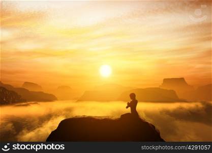 Woman meditating in sitting yoga position on the top of mountains above clouds at sunset. Zen, meditation, peace