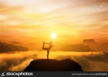 Woman meditating in the dancer yoga position on the top of mountains above clouds at sunset. Zen, meditation, peace