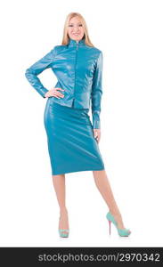 Woman model in blue leather suit