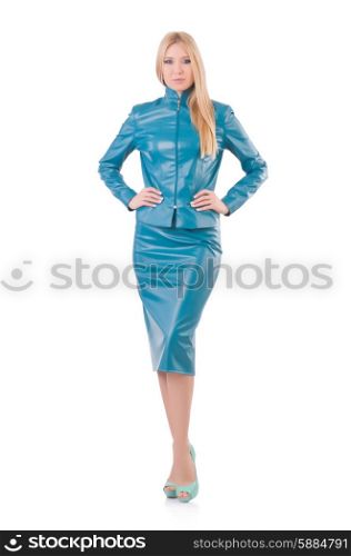 Woman model in blue leather suit