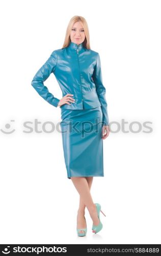 Woman model in blue leather suit