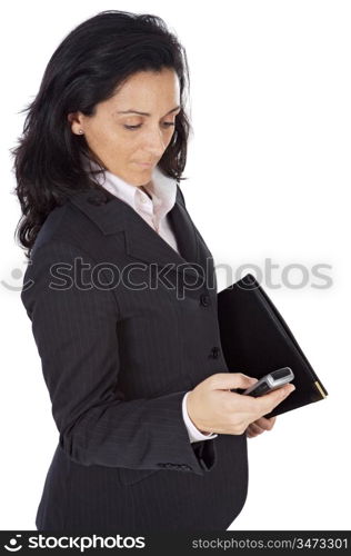 woman of businesses sending a message with the telephone a over white background