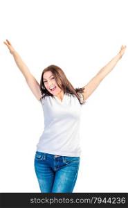 woman on a white background with hands up