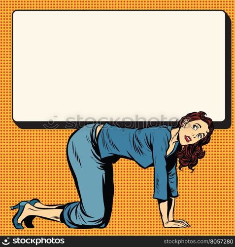 Woman on all fours holding a poster, pop art retro illustration realistic drawing. Businesswoman announcement