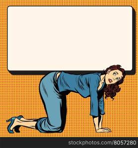 Woman on all fours holding a poster, pop art retro illustration realistic drawing. Businesswoman announcement