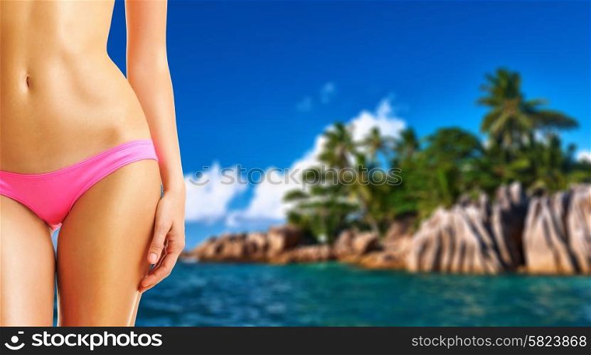 Woman on beach at Seychelles. Collage.