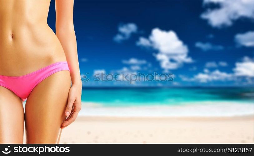 Woman on beautiful beach Anse Intendance at Seychelles. Collage.