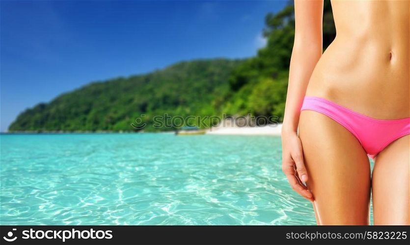 Woman on beautiful beach at Perhentian islands, Malaysia. Collage.