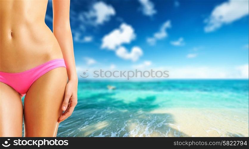 Woman on beautiful beach at Seychelles. Collage.