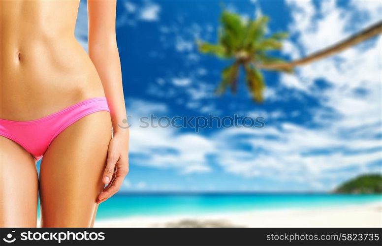 Woman on beautiful beach at Seychelles. Collage.