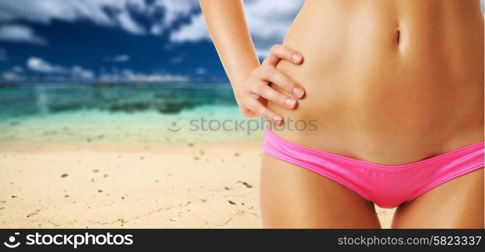 Woman on beautiful beach at Seychelles, La Digue, Anse Source d&rsquo;Argent. Collage.