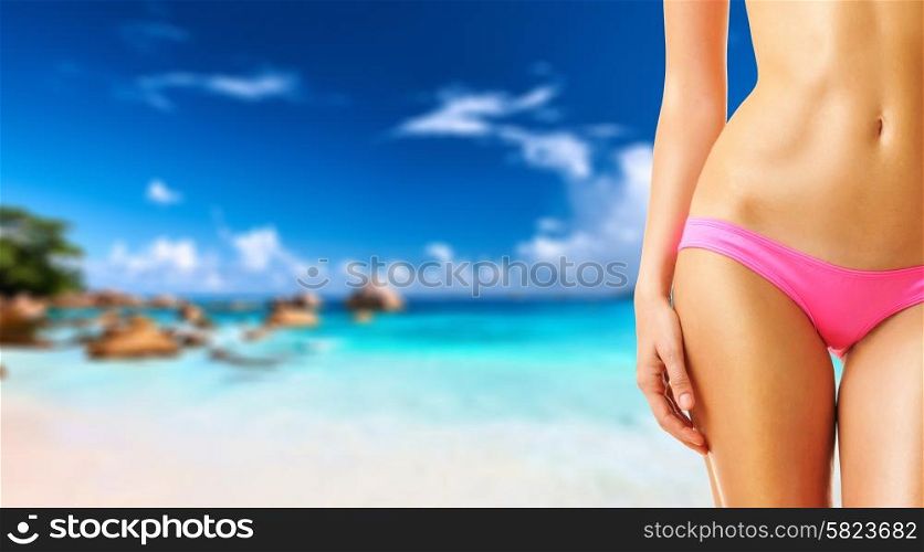 Woman on beautiful beach at Seychelles, Praslin, Anse Lazio. Collage.