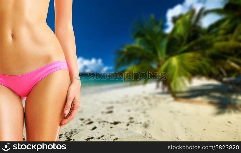 Woman on beautiful beach with palm tree at Seychelles, Praslin, Cote d&rsquo;Or. Collage.