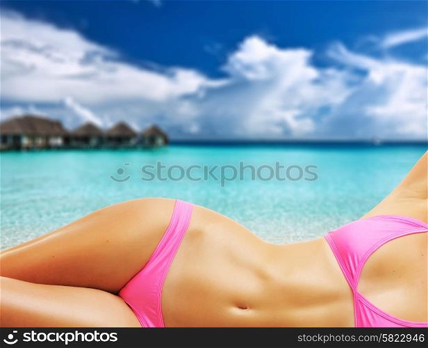 Woman on beautiful island beach at Maldives. Collage.