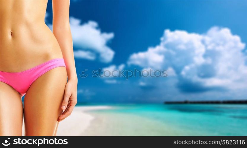 Woman on beautiful island beach with sandspit at Maldives. Collage.