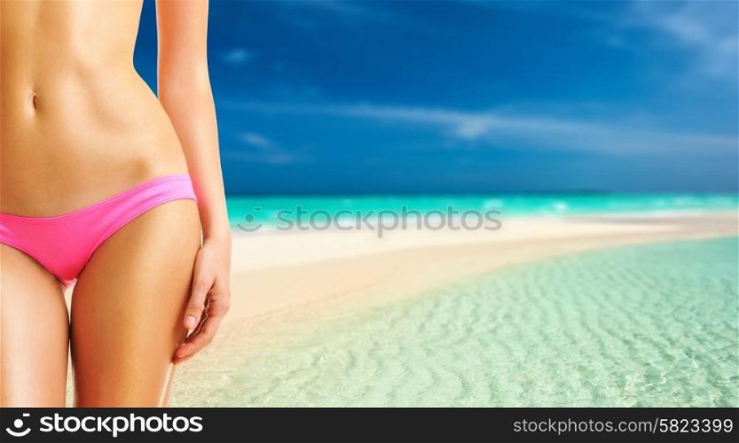 Woman on beautiful island beach with sandspit at Maldives. Collage.
