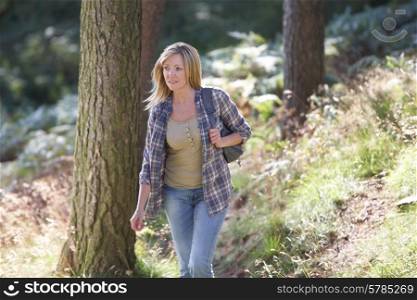 Woman On Country Walk Through Woodland