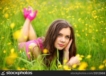 woman on flower field close portrait